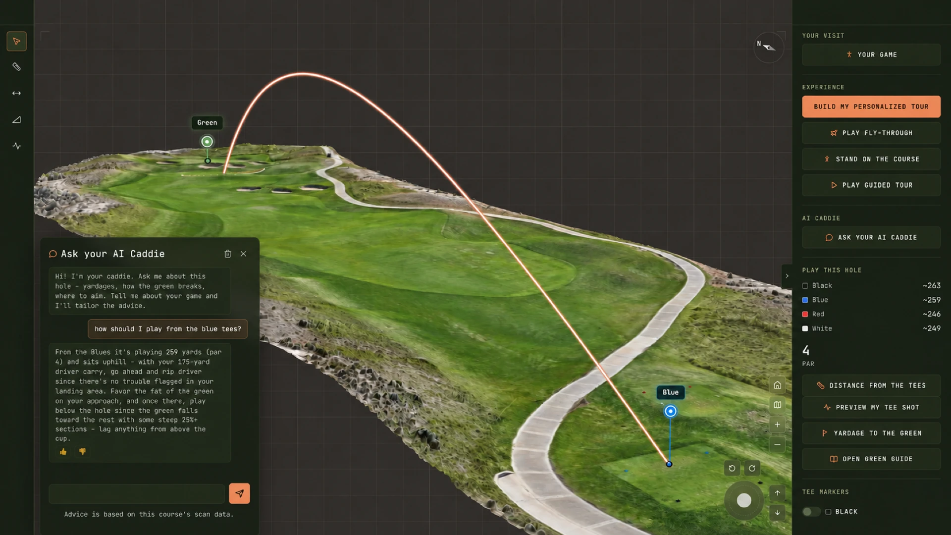 A 3D model of a golf hole with a tee shot traced from the blue tees to the green, beside a chat where an AI caddie explains how to play the hole