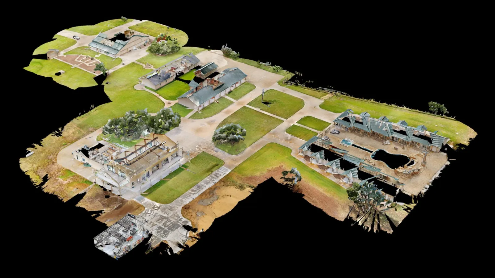 3D dollhouse view of a luxury ranch resort from above, showing its event buildings, lawns and pool courtyard.